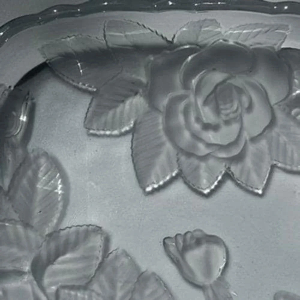 Frosted Rose Glass Serving Tray Scalloped Rectangular Floral Platter 11.5in